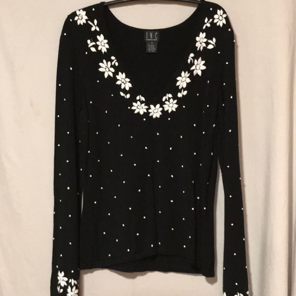 INC black sweater with white embroidered flowers and dots Size Medium